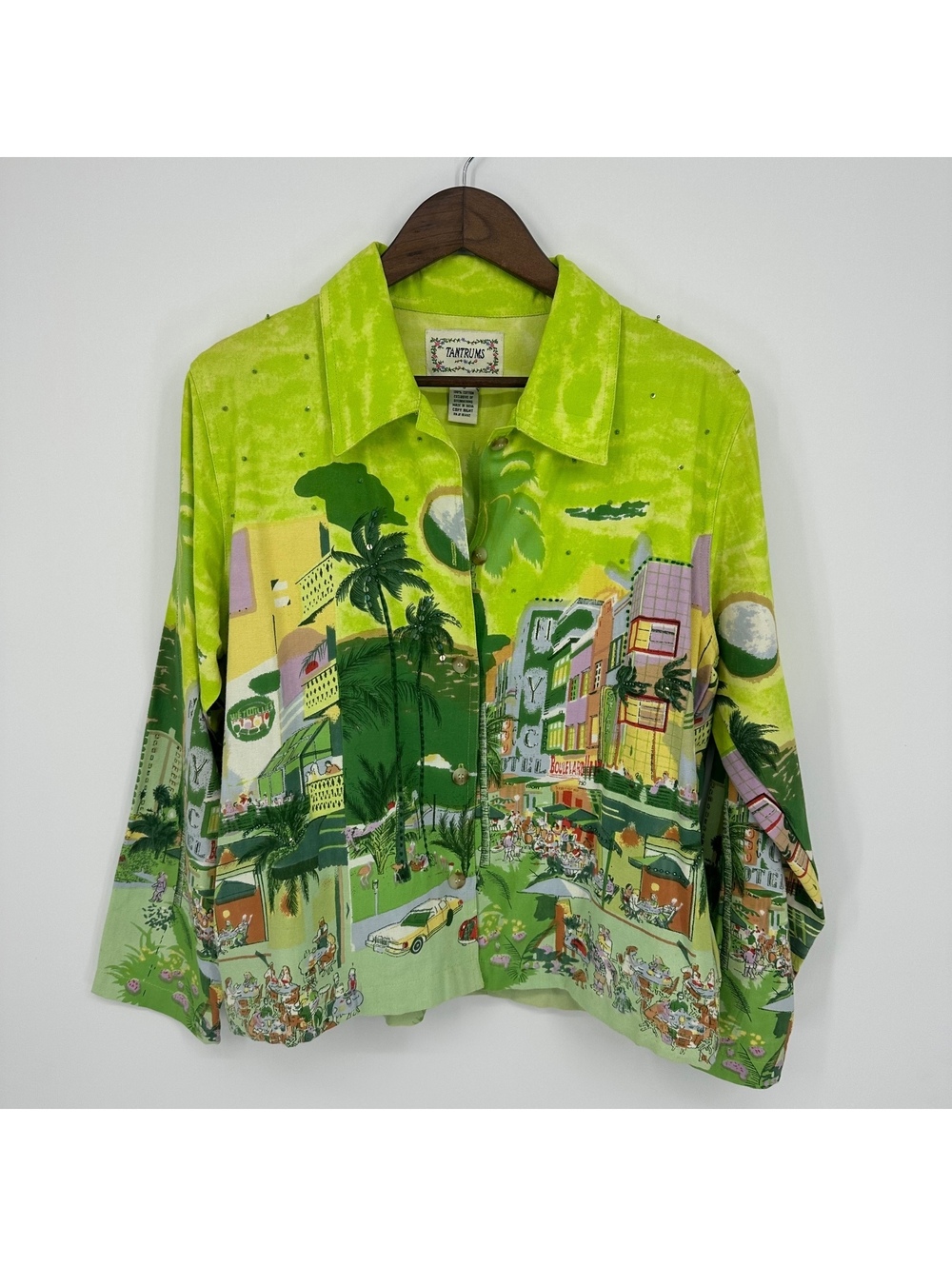 Vintage Tantrums Lime Green Cityscape Cars Art to Wear Shirt